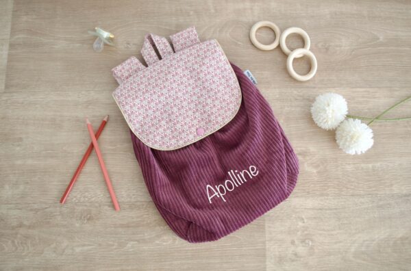 Sac à Dos personnalisé prénom Velours côtelé prune imprimé fleuri
