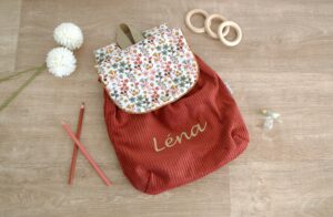 Sac à Dos personnalisé prénom Velours côtelé terracotta imprimé fleuri