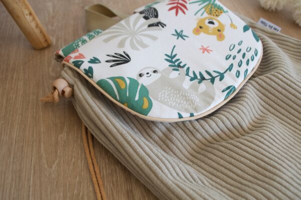 Sac à Dos personnalisé prénom Velours côtelé beige et imprimé Animaux
