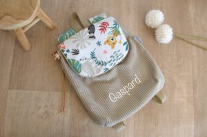 Sac à Dos personnalisé prénom Velours côtelé beige et imprimé Animaux