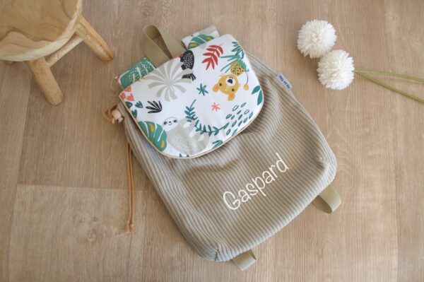 Sac à Dos personnalisé prénom Velours côtelé beige et imprimé Animaux