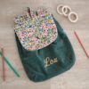 Sac à Dos personnalisé prénom Velours côtelé vert et imprimé liberty fleuri