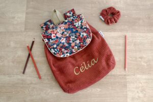 Sac à Dos personnalisé prénom Velours côtelé terracotta imprimé liberty fleuri