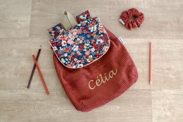 Sac à Dos personnalisé prénom Velours côtelé terracotta imprimé liberty fleuri