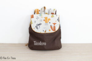 Sac à Dos Personnalisé Prénom toile de coton marron imprimé animaux