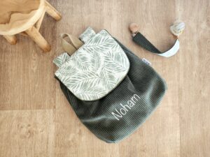 Sac à Dos personnalisé prénom Velours côtelé vert et imprimé feuilles