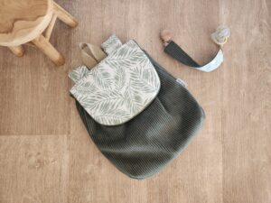 Sac à Dos personnalisé prénom Velours côtelé vert et imprimé feuilles