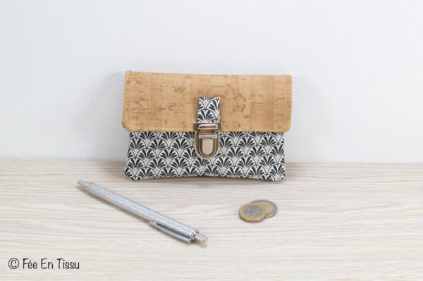 Portefeuille femme compact Simili cuir liège Tissu imprimé fleuri noir et argenté