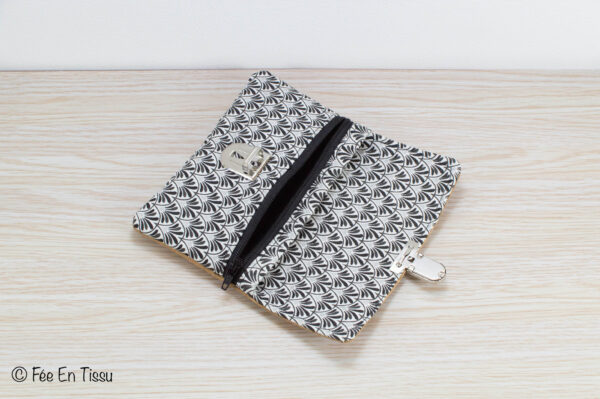 Portefeuille femme compact Simili cuir liège Tissu imprimé fleuri noir et argenté