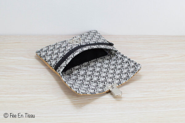 Portefeuille femme compact Simili cuir liège Tissu imprimé fleuri noir et argenté