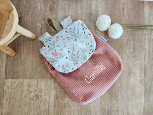 Sac à Dos personnalisé prénom Velours côtelé rose et imprimé biches