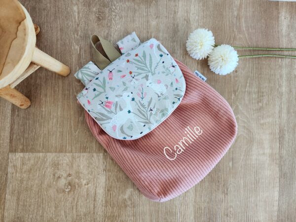 Sac à Dos personnalisé prénom Velours côtelé rose et imprimé biches