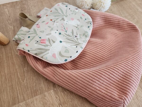 Sac à Dos personnalisé prénom Velours côtelé rose et imprimé biches