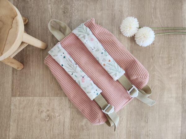 Sac à Dos personnalisé prénom Velours côtelé rose et imprimé biches