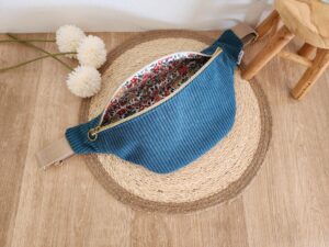 Sac Banane personnalisable Velours côtelé bleu canard et imprimé fleuri