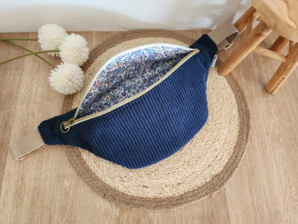 Sac Banane personnalisable Velours côtelé bleu marine et imprimé fleuri