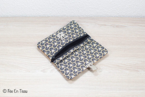 Portefeuille femme compact Simili cuir liège Tissu imprimé fleuri noir et doré