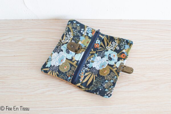 Portefeuille femme compact Simili cuir liège Tissu imprimé fleuri Bleu