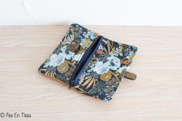 Portefeuille femme compact Simili cuir liège Tissu imprimé fleuri Bleu