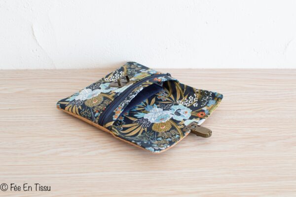 Portefeuille femme compact Simili cuir liège Tissu imprimé fleuri Bleu