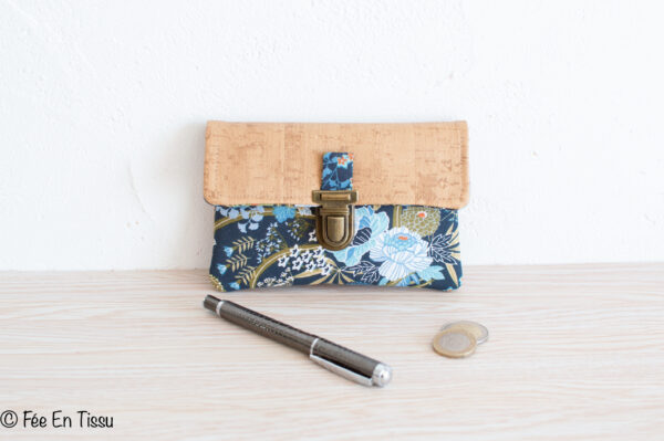 Portefeuille femme compact Simili cuir liège Tissu imprimé fleuri Bleu