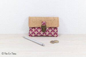 Portefeuille femme compact Simili cuir liège Tissu imprimé fleuri rouge bordeaux