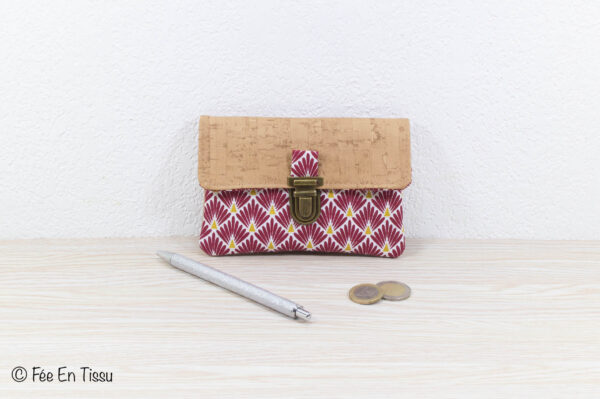 Portefeuille femme compact Simili cuir liège Tissu imprimé fleuri rouge bordeaux