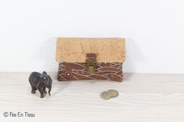 Portefeuille femme compact Simili cuir liège Tissu imprimé marron