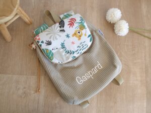 Sac à Dos personnalisé prénom Velours côtelé beige et imprimé Animaux