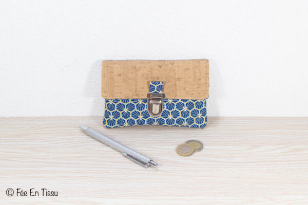 Portefeuille femme compact Simili cuir liège Tissu imprimé fleuri bleu