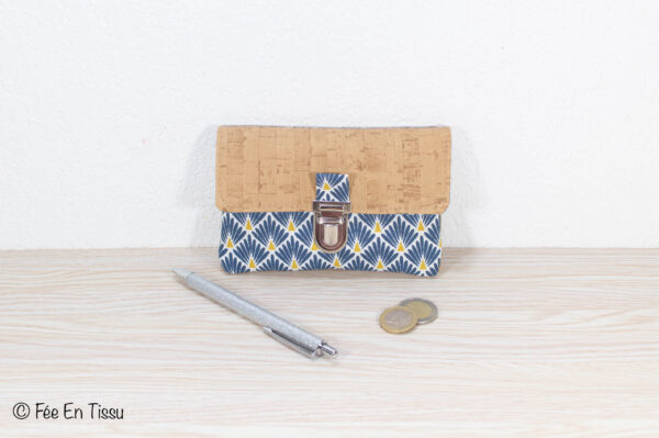 Portefeuille femme compact Simili cuir liège Tissu imprimé fleuri bleu