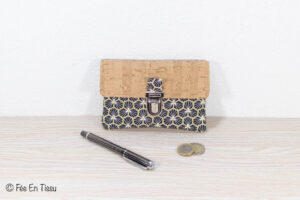 Portefeuille femme compact Simili cuir liège Tissu imprimé fleuri noir et doré