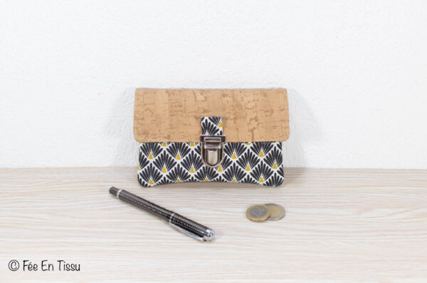 Portefeuille femme compact Simili cuir liège Tissu imprimé fleuri noir