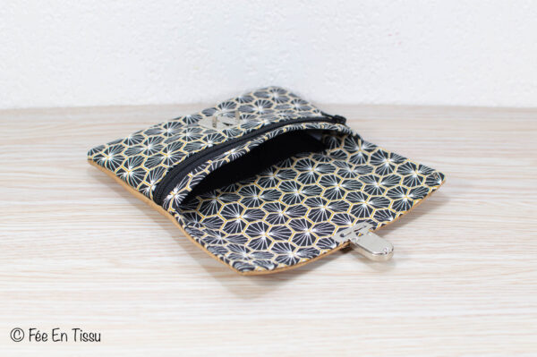 Portefeuille femme compact Simili cuir liège Tissu imprimé fleuri noir et doré