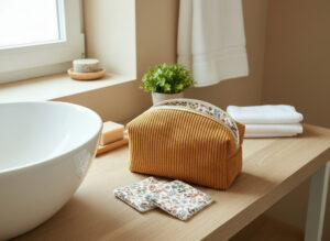 Trousse de toilette personnalisable Velours côtelé moutarde et imprimé fleuri