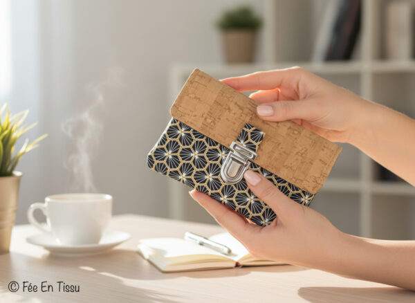 Portefeuille femme compact Simili cuir liège Tissu imprimé fleuri noir et doré