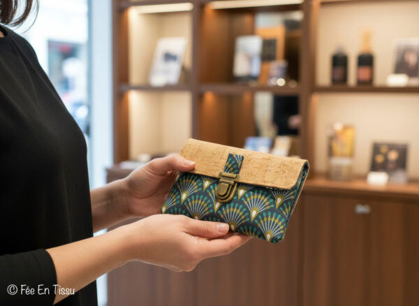 Portefeuille femme compact Simili cuir liège Tissu imprimé fleuri vert