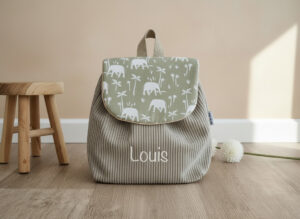 Sac à Dos personnalisé prénom Velours côtelé beige et imprimé éléphant
