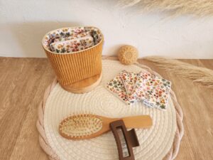 Lingettes lavables avec pochon de rangement Velours côtelé moutarde et imprimé fleuri