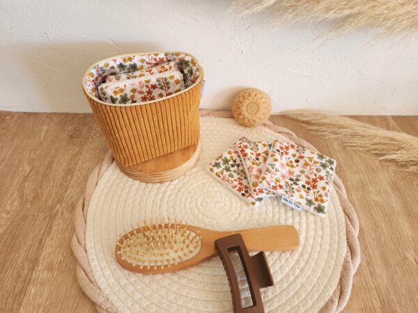 Lingettes lavables avec pochon de rangement Velours côtelé moutarde et imprimé fleuri