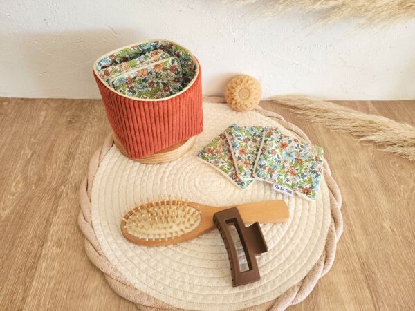 Lingettes lavables avec pochon de rangement Velours côtelé terracotta et imprimé fleuri