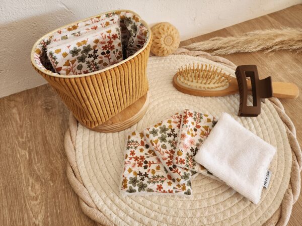 Lingettes lavables avec pochon de rangement Velours côtelé moutarde et imprimé fleuri