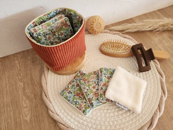 Lingettes lavables avec pochon de rangement Velours côtelé terracotta et imprimé fleuri