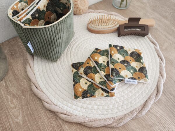 Lingettes lavables avec pochon de rangement Velours côtelé vert et imprimé fleuri