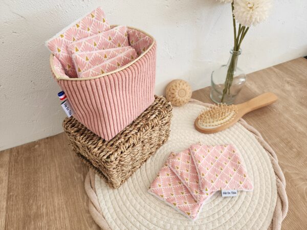 Lingettes lavables avec pochon de rangement Velours côtelé rose et imprimé fleuri