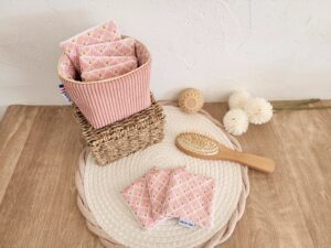 Lingettes lavables avec pochon de rangement Velours côtelé rose et imprimé fleuri