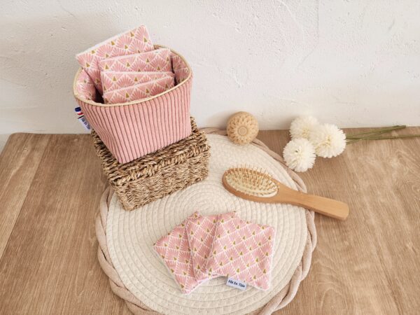 Lingettes lavables avec pochon de rangement Velours côtelé rose et imprimé fleuri