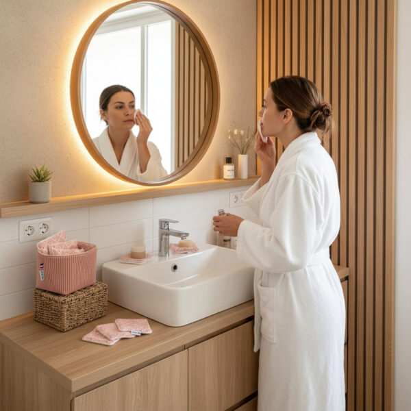 Lingettes lavables avec pochon de rangement Velours côtelé rose et imprimé fleuri