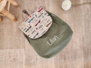 Sac à Dos personnalisé prénom Velours côtelé vert et imprimé voiture