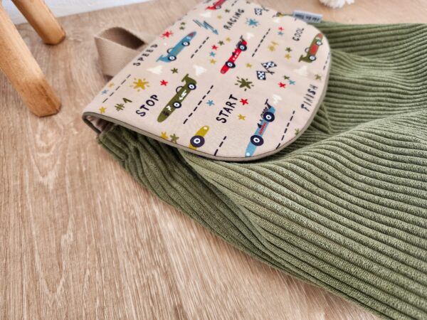 Sac à Dos personnalisé prénom Velours côtelé vert et imprimé voiture